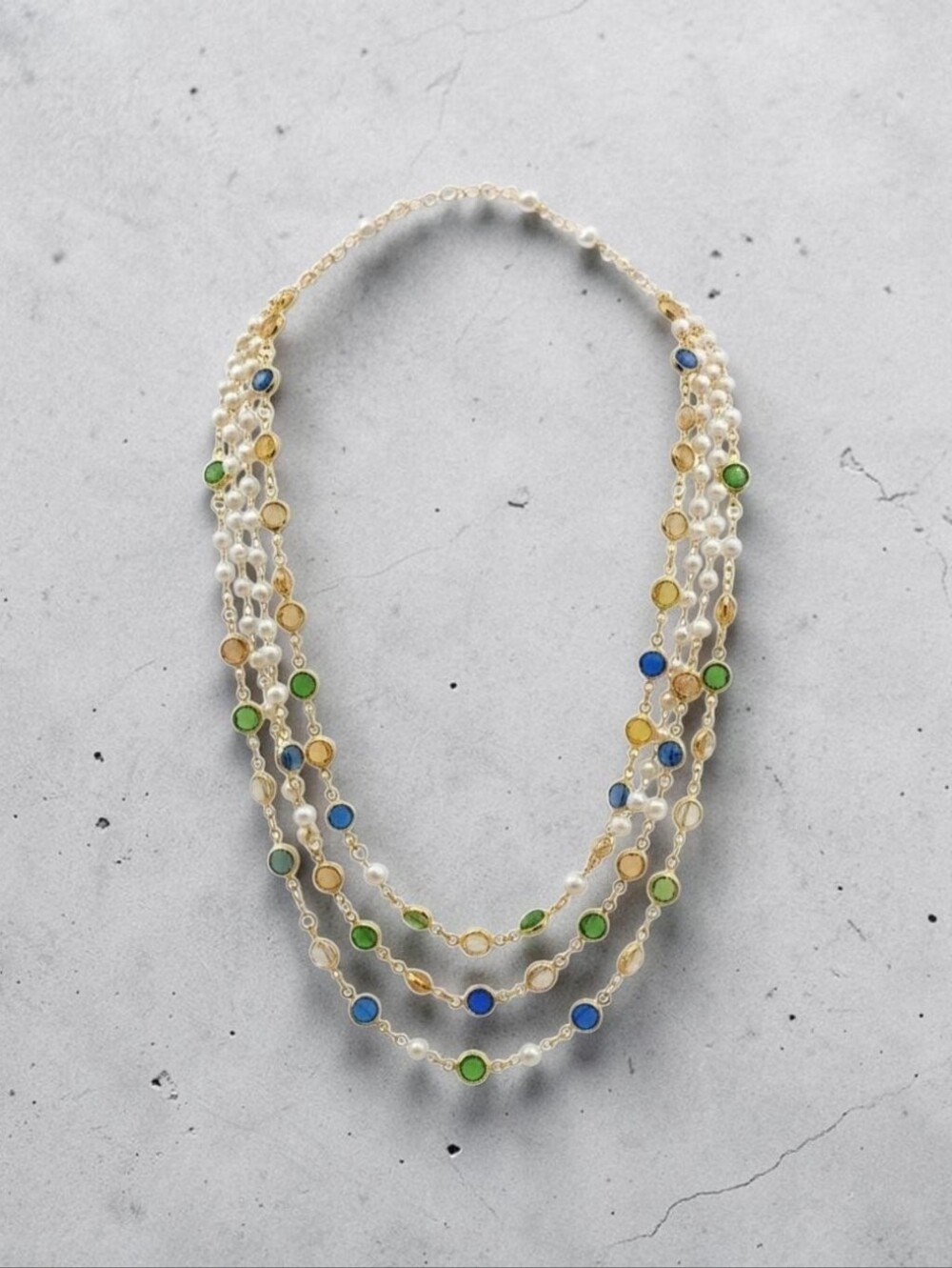 Layered Pearl Necklace with Blue, Green and Gold Accents